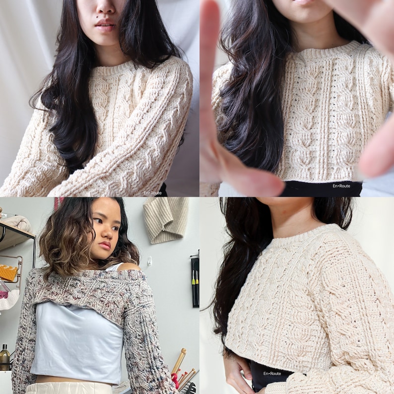 以下が含まれることがあります： ケーブル編みのパターンが入ったクリーム色のクロシェのクロップトップを着用した3人のモデル。トップは3つの異なるスタイルで示されており、最初のモデルはセーターとして着用し、2番目のモデルはクロップトップとして着用し、3番目のモデルはショールとして着用しています。