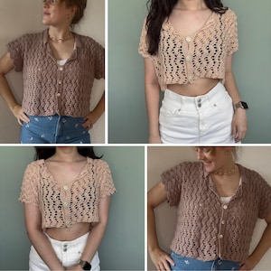 May include: Four different models wearing a crocheted, short-sleeved, button-up crop top in a light brown color. The top has a delicate, open-stitch pattern.