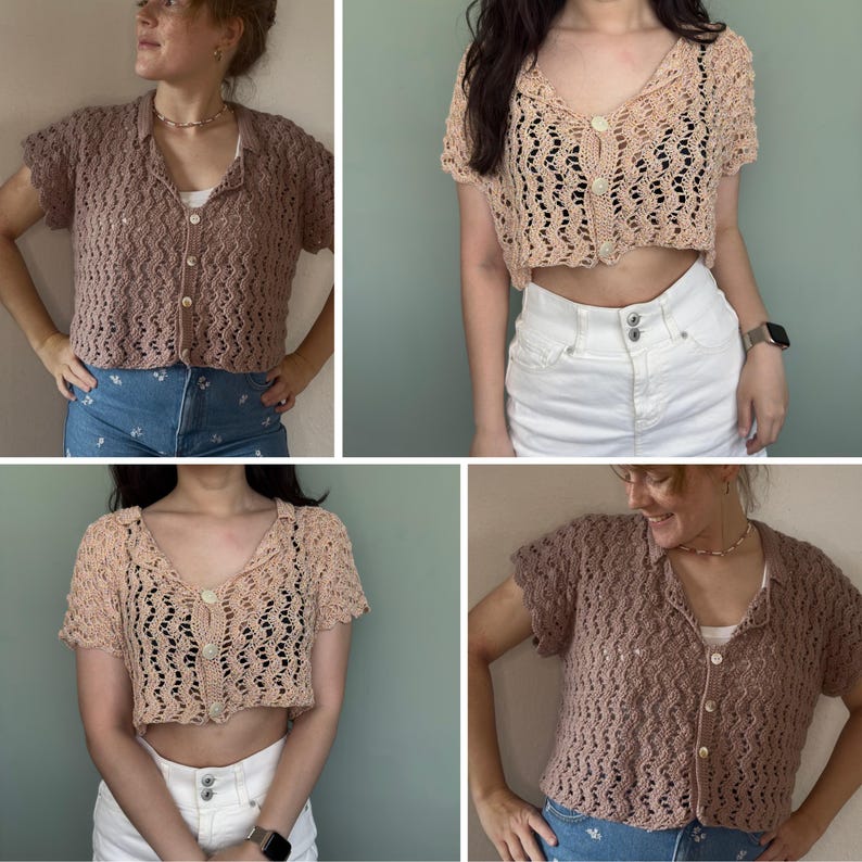 May include: Four different models wearing a crocheted, short-sleeved, button-up crop top in a light brown color. The top has a delicate, open-stitch pattern.