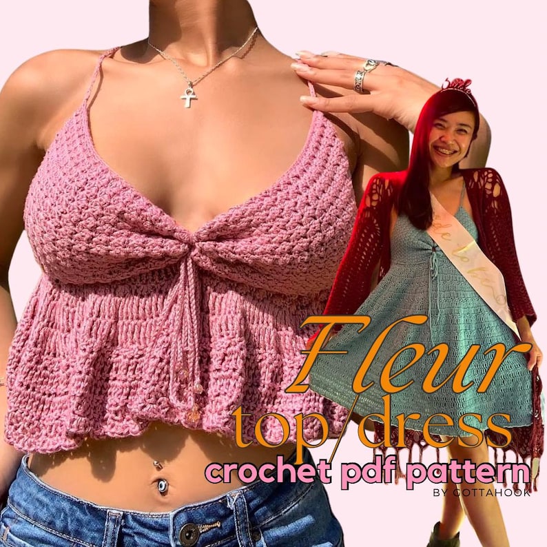 Puede incluir: Un top de crochet rosa con un lazo en la parte delantera. El top tiene un dobladillo con volantes y est&aacute; hecho con un punto delicado. El texto "Fleur top/dress crochet pdf pattern by Cottahook" es visible en la parte inferior de la imagen.
