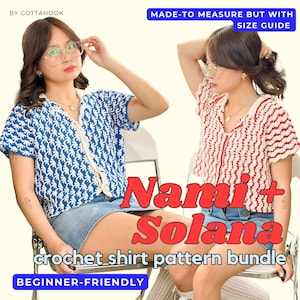 May include: Two crochet shirts, one blue and one red, are featured in this image. The shirts are part of a "Nami + Solana" crochet shirt pattern bundle. Text on the image reads "Made-to Measure But With Size Guide" and "Beginner-Friendly."