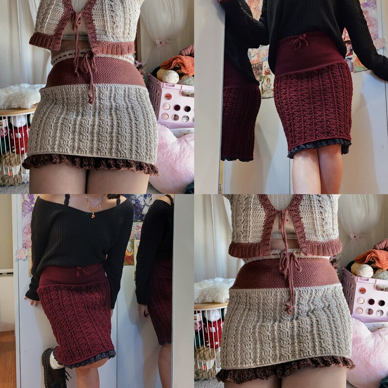 May include: Two crochet skirts, one beige and one burgundy, with a crocheted top in the same beige colour. The skirts have a ruffled hem and are made with a chunky yarn.