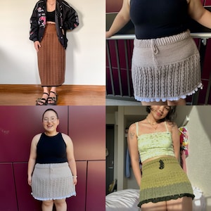 May include: Three women wearing different crochet skirts. The first skirt is brown and long, the second is beige and short, and the third is green and short.