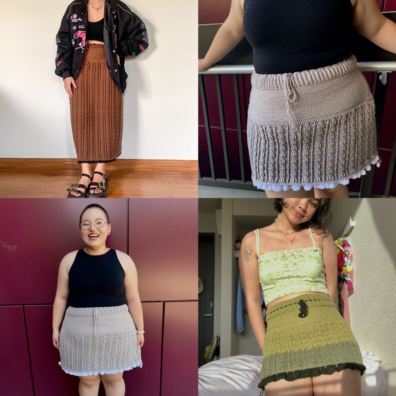 May include: Three women wearing different crochet skirts. The first skirt is brown and long, the second is beige and short, and the third is green and short.