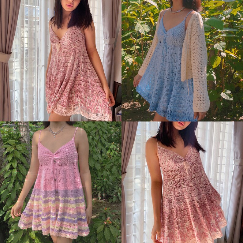 Puede incluir: Cuatro vestidos de crochet en diferentes colores: rosa, azul claro y dos tonos de rosa. Los vestidos son sin mangas y tienen un corte holgado y fluido. Todos est&aacute;n hechos con un delicado patr&oacute;n de crochet.