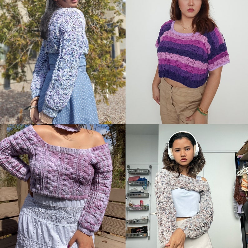 以下が含まれることがあります： 3人の女性が、異なるパープルとホワイトのクロシェトップを着ています。トップはすべて半袖で、ゆったりとしたフィット感です。女性たちは、トップを異なるボトムスと合わせています。ブルーのスカート、ブラウンのパンツ、ホワイトのスカートなどです。