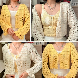 May include: A collection of handmade crochet cardigans and tops in shades of yellow and cream. The cardigans feature openwork patterns and long sleeves with ruffled cuffs. The tops have a tie-front design. The garments are displayed on a white background.