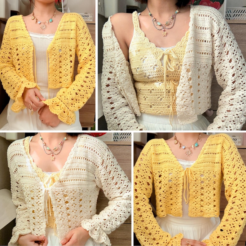 May include: A collection of handmade crochet cardigans and tops in shades of yellow and cream. The cardigans feature openwork patterns and long sleeves with ruffled cuffs. The tops have a tie-front design. The garments are displayed on a white background.