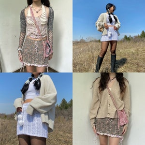 May include: Four different women wearing crocheted tops and skirts. The tops are all white with different coloured accents. The skirts are all different colours and patterns. The women are all wearing different shoes and accessories.