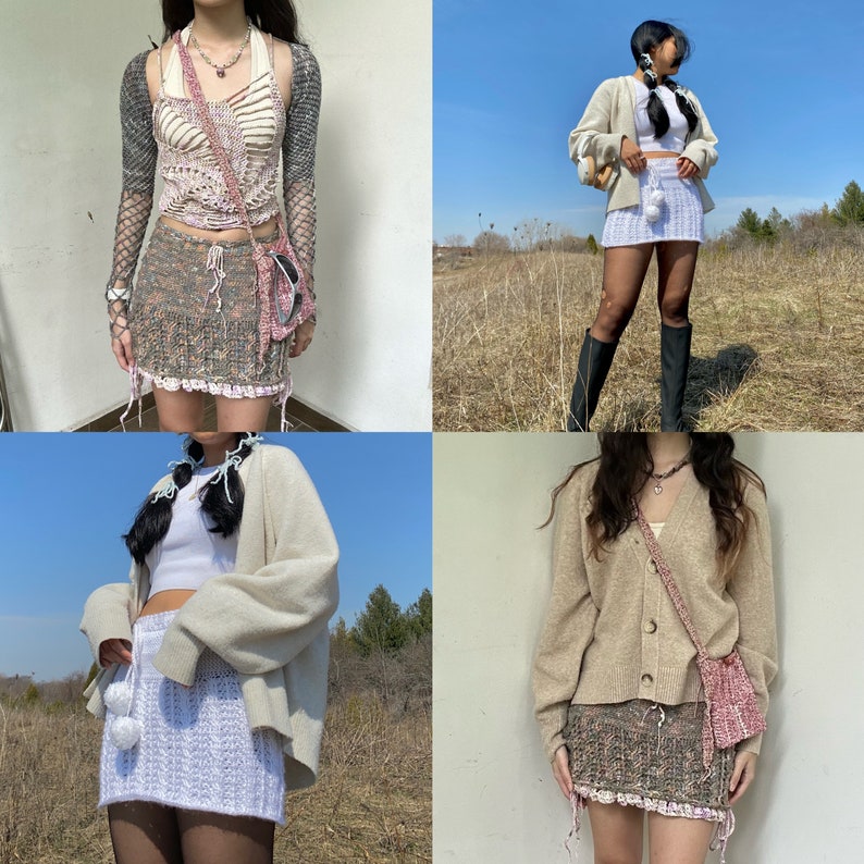 May include: Four different women wearing crocheted tops and skirts. The tops are all white with different coloured accents. The skirts are all different colours and patterns. The women are all wearing different shoes and accessories.