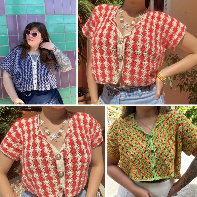 May include: A collage of four crochet tops in various colors and patterns. One is navy blue with a white design, another is red and cream, and a third is green and orange. Each top has a button-up front and short sleeves.