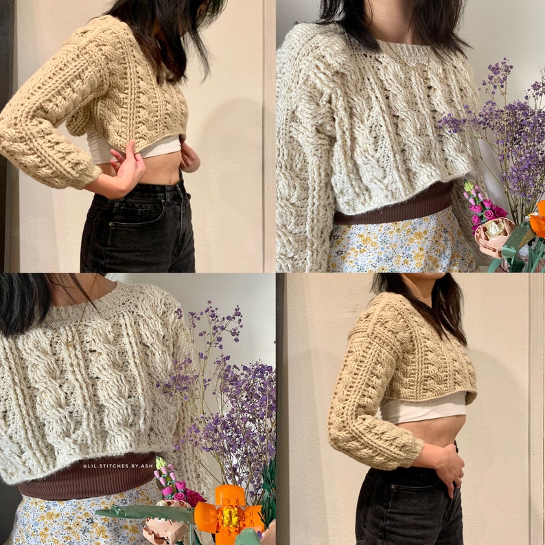 以下が含まれることがあります： ケーブル編みのパターンが付いたベージュのクロシェのクロップドセーターのクローズアップ。セーターは茶色の髪の人の着用で、4つの異なるポーズで示されています。