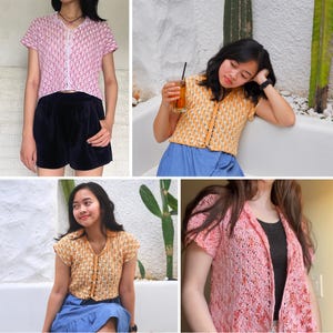 May include: A collection of crochet tops in various colors. The tops feature short sleeves and button-up or zip-up fronts. Colors include pink, yellow, and orange. The crochet pattern is visible, creating a textured look. The tops are styled with shorts and skirts.