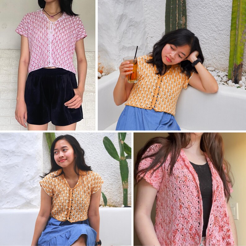 May include: A collection of crochet tops in various colors. The tops feature short sleeves and button-up or zip-up fronts. Colors include pink, yellow, and orange. The crochet pattern is visible, creating a textured look. The tops are styled with shorts and skirts.
