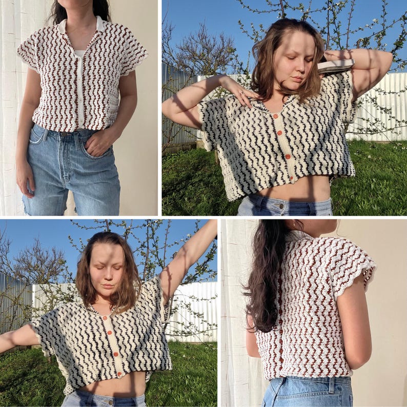 May include: A white crochet top with a brown and black wavy pattern. The top has short sleeves and a button closure. The model is wearing the top with blue jeans.