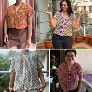 May include: A collection of four short-sleeved, button-down crochet shirts in various colors. The shirts feature a collared neckline and a textured stitch pattern. Colors include orange, pink, gray, and burgundy. The shirts are displayed on different people.