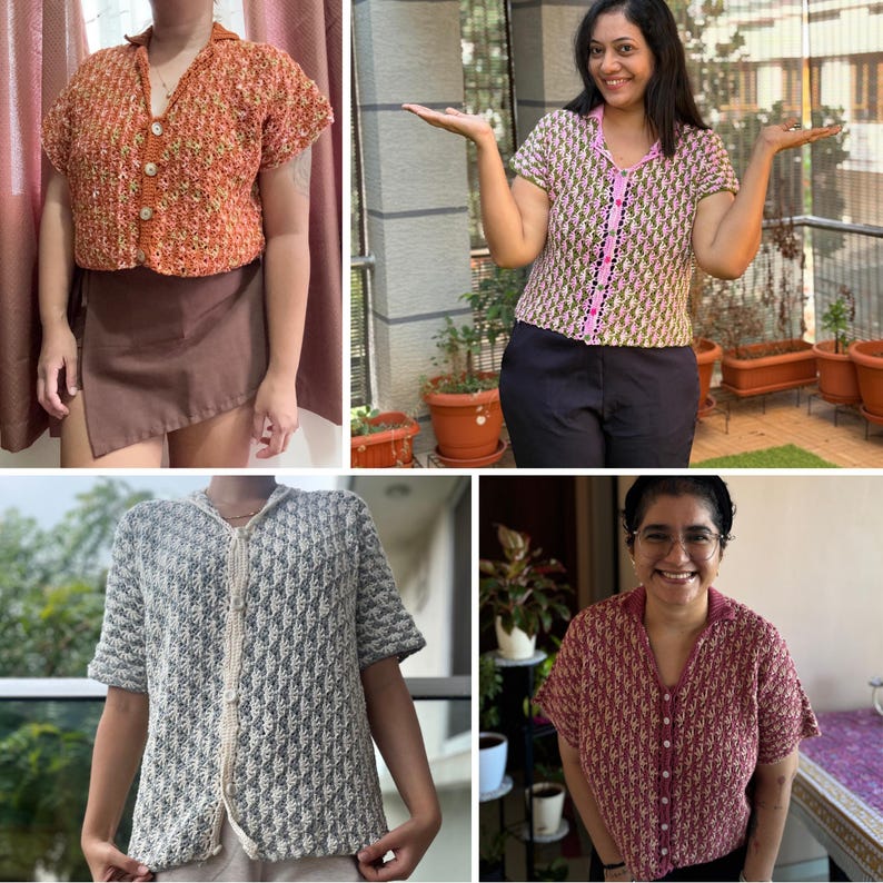 May include: A collection of four short-sleeved, button-down crochet shirts in various colors. The shirts feature a collared neckline and a textured stitch pattern. Colors include orange, pink, gray, and burgundy. The shirts are displayed on different people.