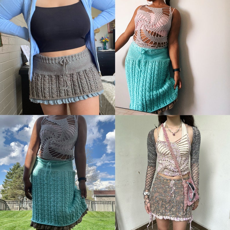 May include: Four different crochet skirts in various colours and styles. The skirts are all made with a variety of crochet stitches and patterns. The skirts are all knee-length and have a flowy, feminine silhouette.