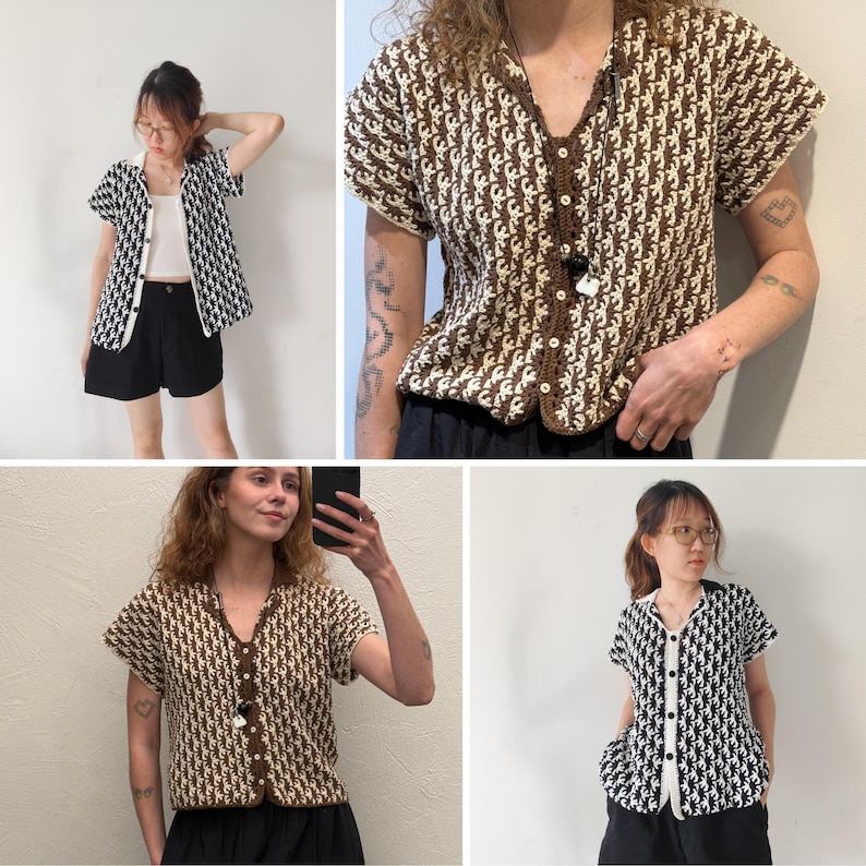 May include: Short-sleeved button-up shirt with a repeating pattern. The shirt is available in two color schemes: black and white, and brown and cream. The shirt has a V-neck and is made of a textured fabric. The shirt is worn with black shorts.