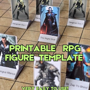May include: Printable RPG figure templates for tabletop gaming. The templates feature various characters, including a vampire, a werewolf, and a zombie. The templates are easy to use and require no special skills.
