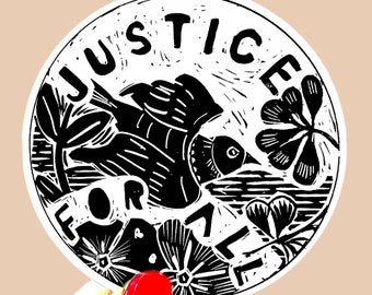 Może przedstawiać: Czarno-biała naklejka z ptakiem w locie i wzorami kwiatowymi. Tekst "JUSTICE FOR ALL" jest napisany wokół krawędzi naklejki.