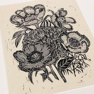 Wildflowers, floral bouquet, Lino print, handmade linoleum block print, relief print. Floral block print,