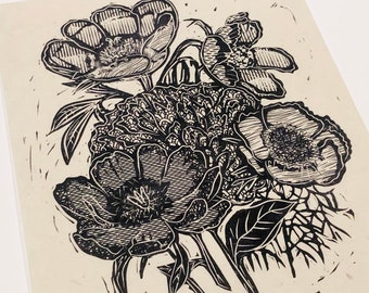 Wildflowers, floral bouquet, Lino print, handmade linoleum block print, relief print. Floral block print,