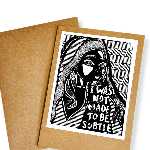 8 Simple, monochromatic art card set with Kraft envelopes, linocut style illustrations, Any occasion cards, joy, empathy, community, subtle