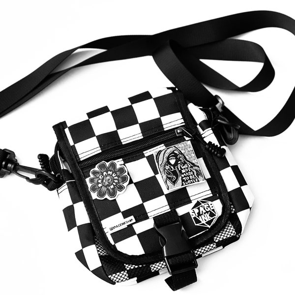 Checkered crossbody pin purse. Adult Unisex. Black and white, pin collection bag, gift idea. punky, 90's checks