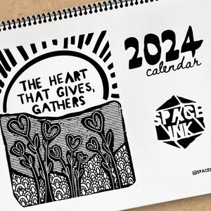 2024 illustrated wall calendar. Space ink shop. Christmas gift idea, black and white, minimalist. Linocut illustrations. 12 month planner