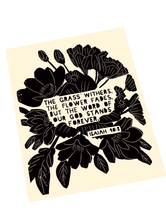 Isaiah 40:8, Scripture wall quote, living room sign, bible verse, linocut style decor, unique art, minimalist, wall decor, the grass withers