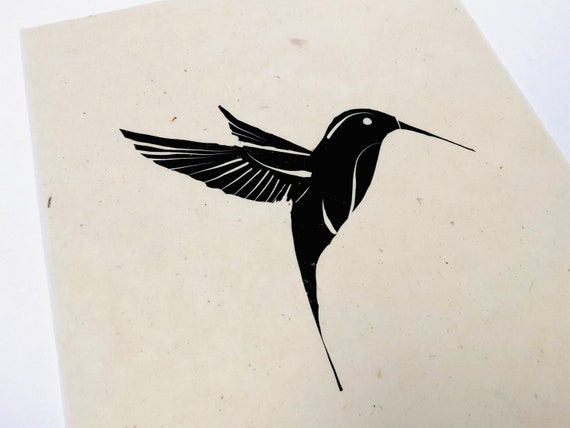 Hummingbird, bird  print, handmade block style print, relief print. birds, nature, animals, small tropical bird, flight, minimalist