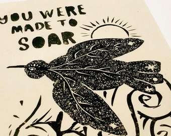You were made to soar, graduation gift print,  Lino print, handmade, linoleum style, relief print. flying block print, nature, black bird