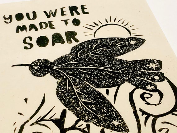 You were made to soar, graduation gift print,  Lino print, handmade, linoleum style, relief print. flying block print, nature, black bird