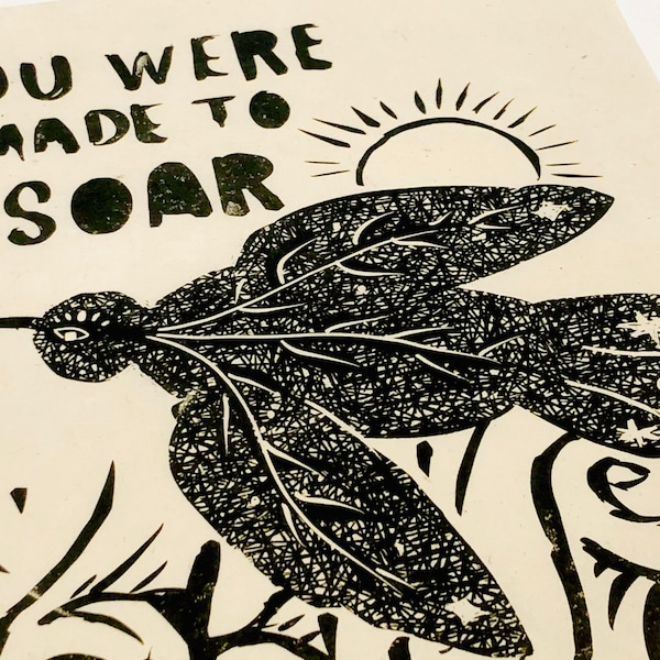 You were made to soar, graduation gift print,  Lino print, handmade, linoleum style, relief print. flying block print, nature, black bird