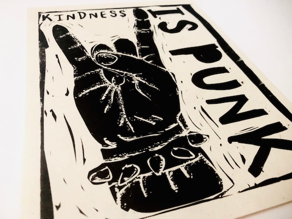 Kindness is punk, be kind, Lino style illusration,,  block style print, hands, together, activism, hand gestures , social justice, BLM