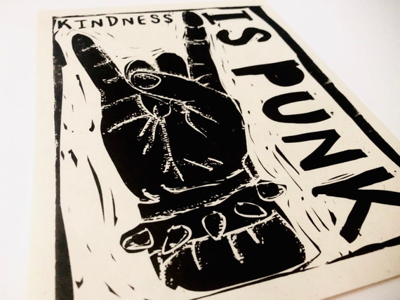 Kindness is punk, be kind, Lino style illusration,,  block style print, hands, together, activism, hand gestures , social justice, BLM