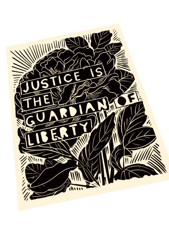 Justice is the guardian of liberty, Lino style illustration, peony art. monochromatic