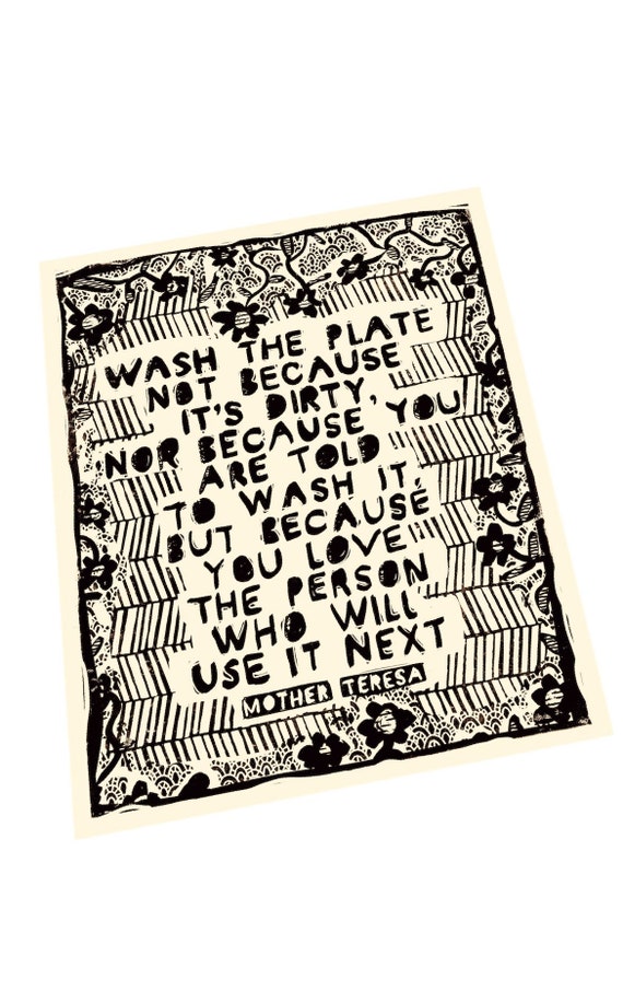 Wash the plate because quote, social change, activism, Lino style illusratio,,  block style print, Mother Teresa quote, together, community.