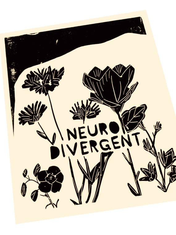 Neurodivergent Lino style illustration, block style print, wildflowers, ADD, ADHD awareness, every mind matters, beautiful mind