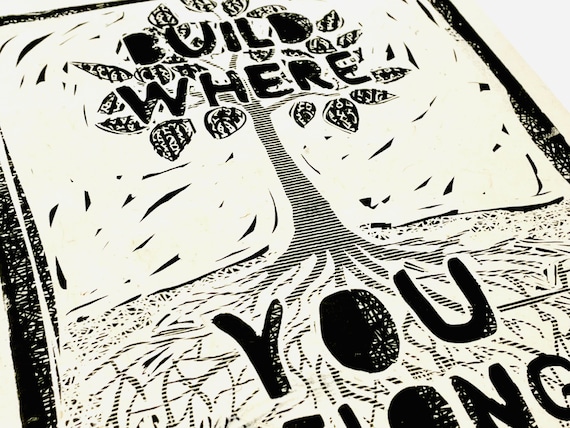 Build where you belong. Community is Resistance Lino style illusration,  block style print, activism, feminism, social justice, tree roots