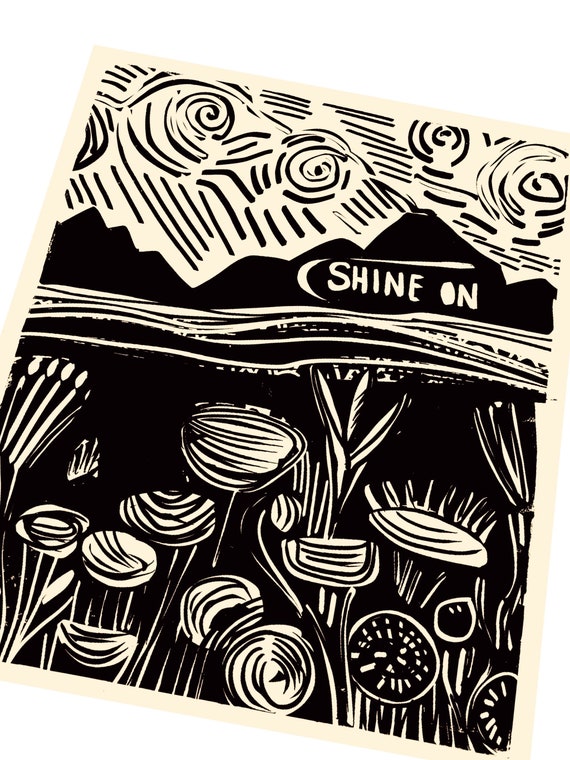 Shine on, keep shining. Lino art, simple illustration, flowers in a field