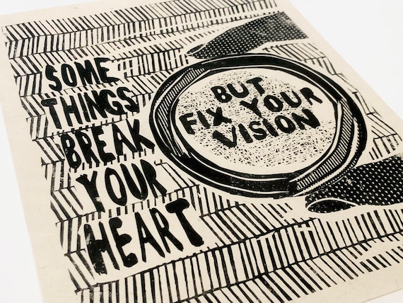 Some things breaks your heart but fix your vision. Lino style illusration,  block style print, activism, 2020 vision, social justice, BLM
