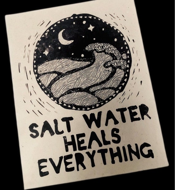 Salt water heals everything Lino print, handmade, linoleum style, relief print. Ocean block print, nature, ocean, waves, beach cottage