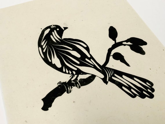 Bird on branch animal illustration, lino style artprint, handmade, relief style, flying block print, nature, black bird, gift, ink print