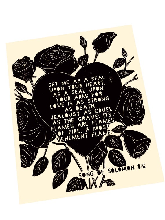 Song of Solomon 8:6, Scripture wall quote, living room sign, bible verse, linocut style decor, unique art, minimalist, wall decor, seal upon