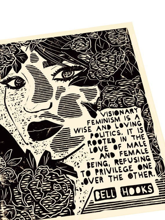 Visionary feminism Bell Hooks  Quote. Lino style illusration. poster style wall hanging. art print, woman's face, feminist