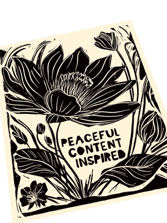 Peaceful, content, inspired. Lino style print,  block style print, simple monochromatic print, floral illustration