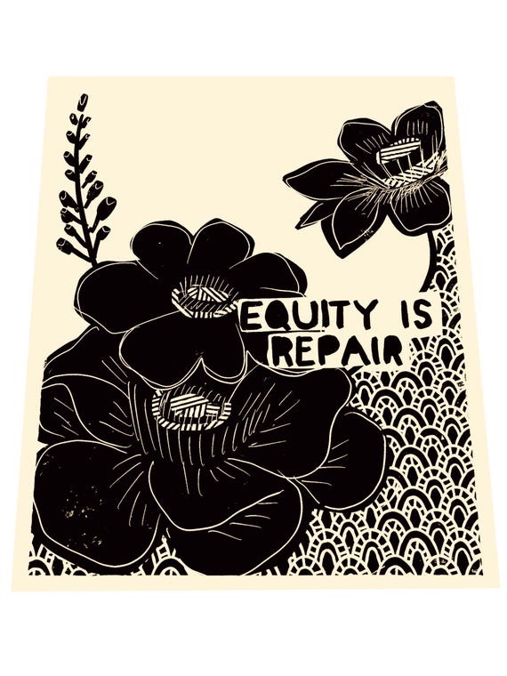 Equity is repair, Lino style illustration,  block style print, daisy, better together, floral heart, folksy art, primitive