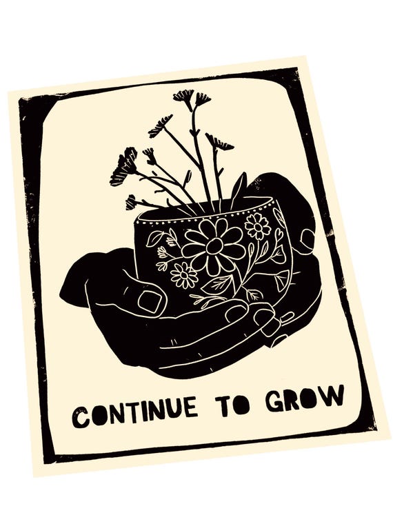 Continue to grow, Neurodivergent Lino style illustration, block style print, wildflowers, ADD, ADHD awareness beautiful mind, pottery, plant